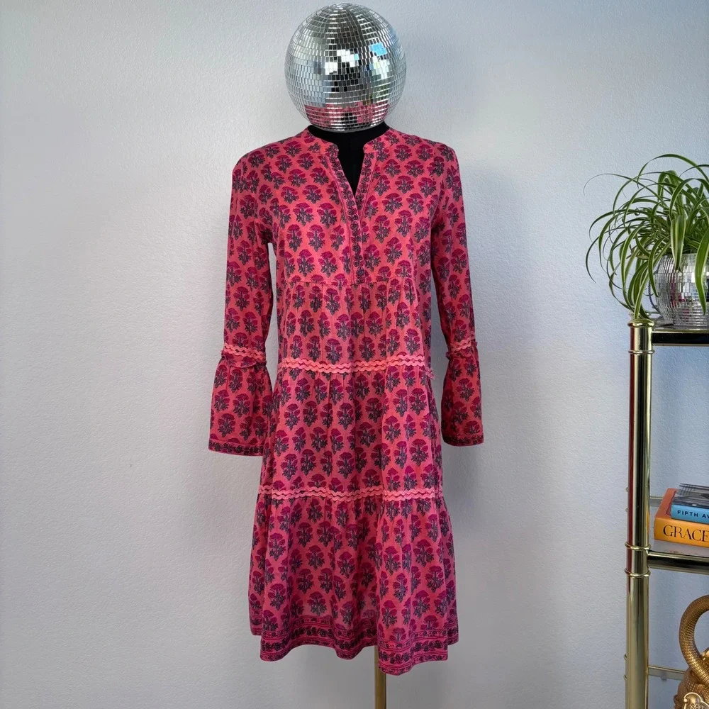 Lola Australia Morocco Mini Strawberry Dress, XXS, Pink Floral Bell Sleeve Boho